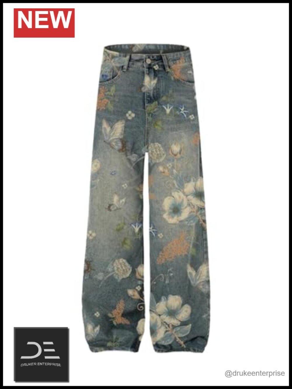 Baggy Wide Leg Floral Print Jeans Y2K Streetwear Denim Pants